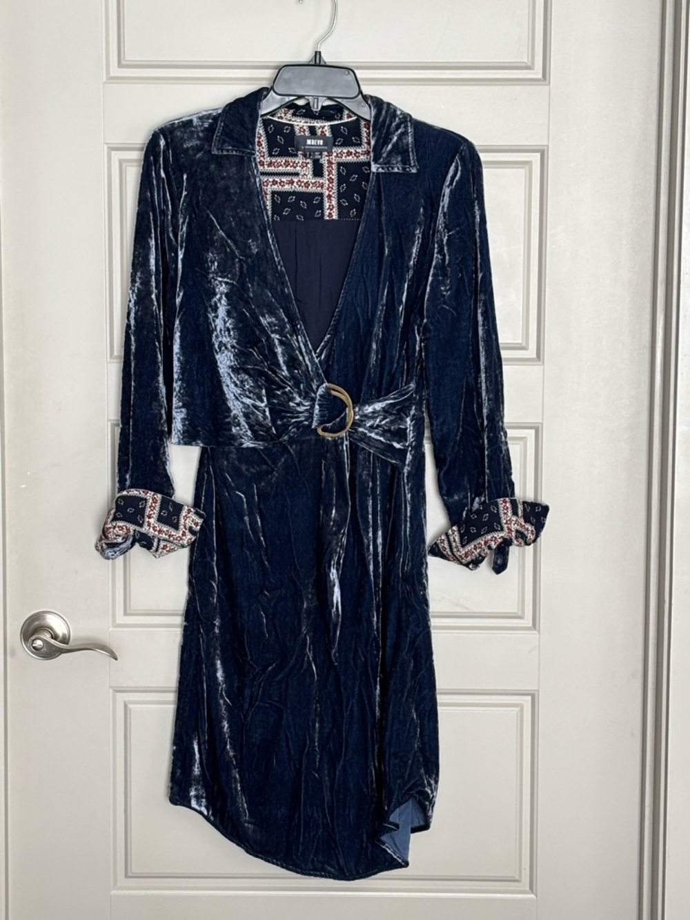 Anthropologie Velvet Wrap Dress in Deep Navy with Patterned Cuffs